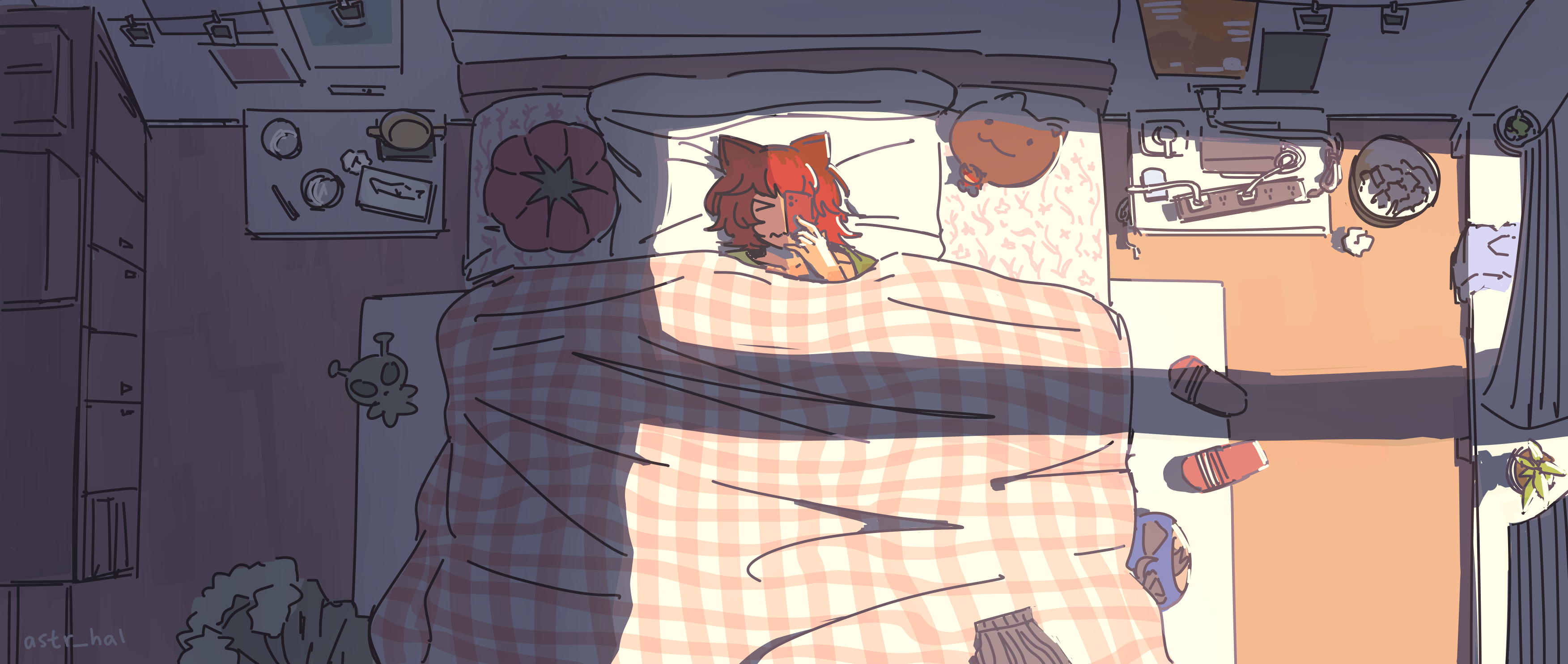 Fiore in bed, sun shining in her room, her phone fallen on her face. Various objects are scattered across her room.